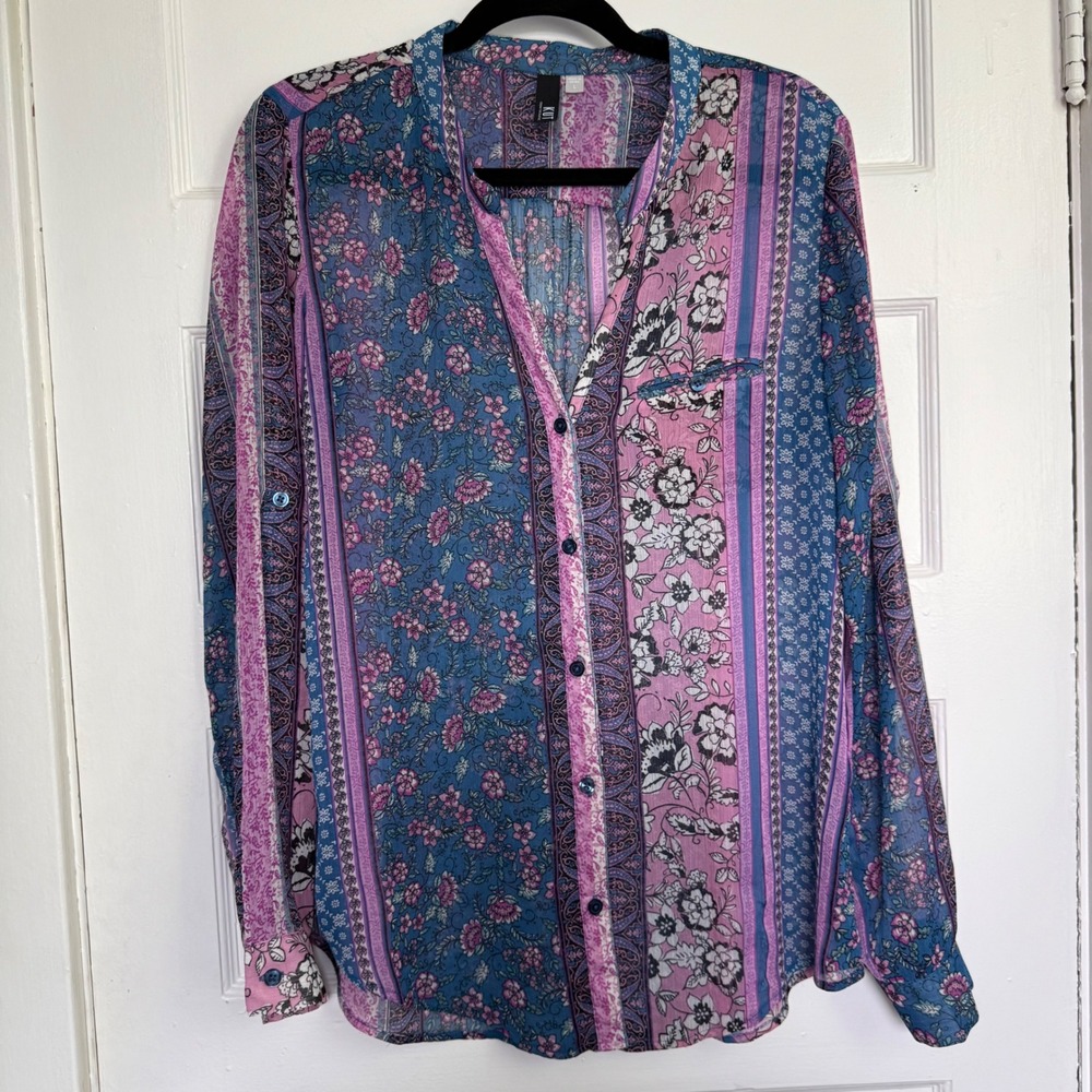 KUT from the Kloth Blue Pink Floral Paisley Patchwork Roll Tab Blouse Large - Picture 2 of 12